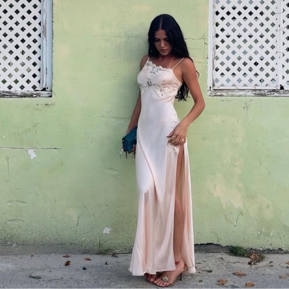 SOLD Vintage Peach Pink Victorias Secret Asymmetrical Lace Maxi Dress